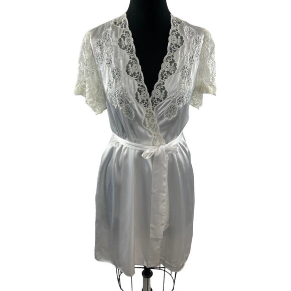 Sara Beth White Robe Comfort Belted Open Front Embroidered Lace Classic Casual - Picture 1 of 6